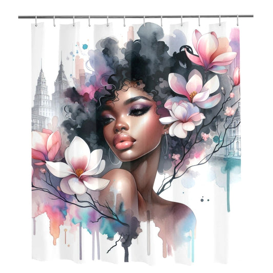 Urban Bloom Afro Shower Curtain – Black Woman Art with Cityscape & Floral Afro - 83730187