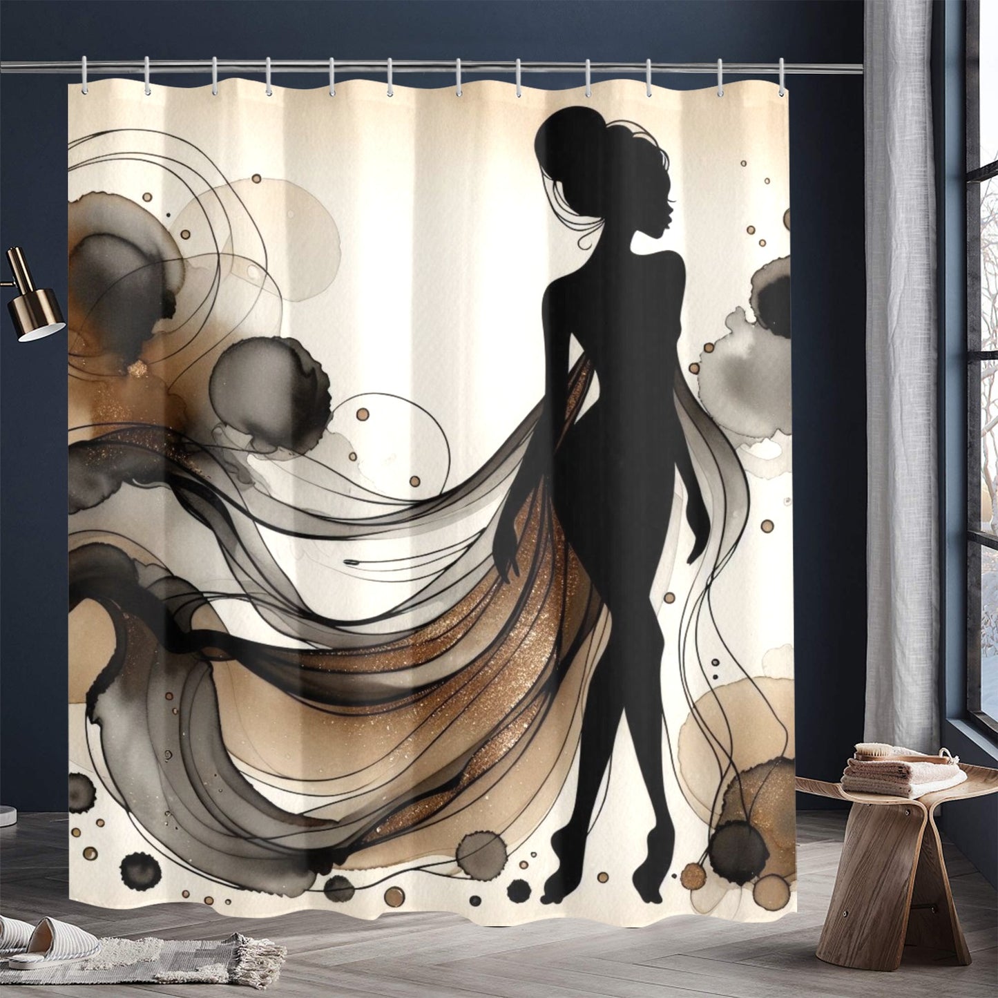 Golden Grace: Afro Silhouette Shower Curtain Collection – Luxury Black Woman Art for Modern Bathrooms - 12074448