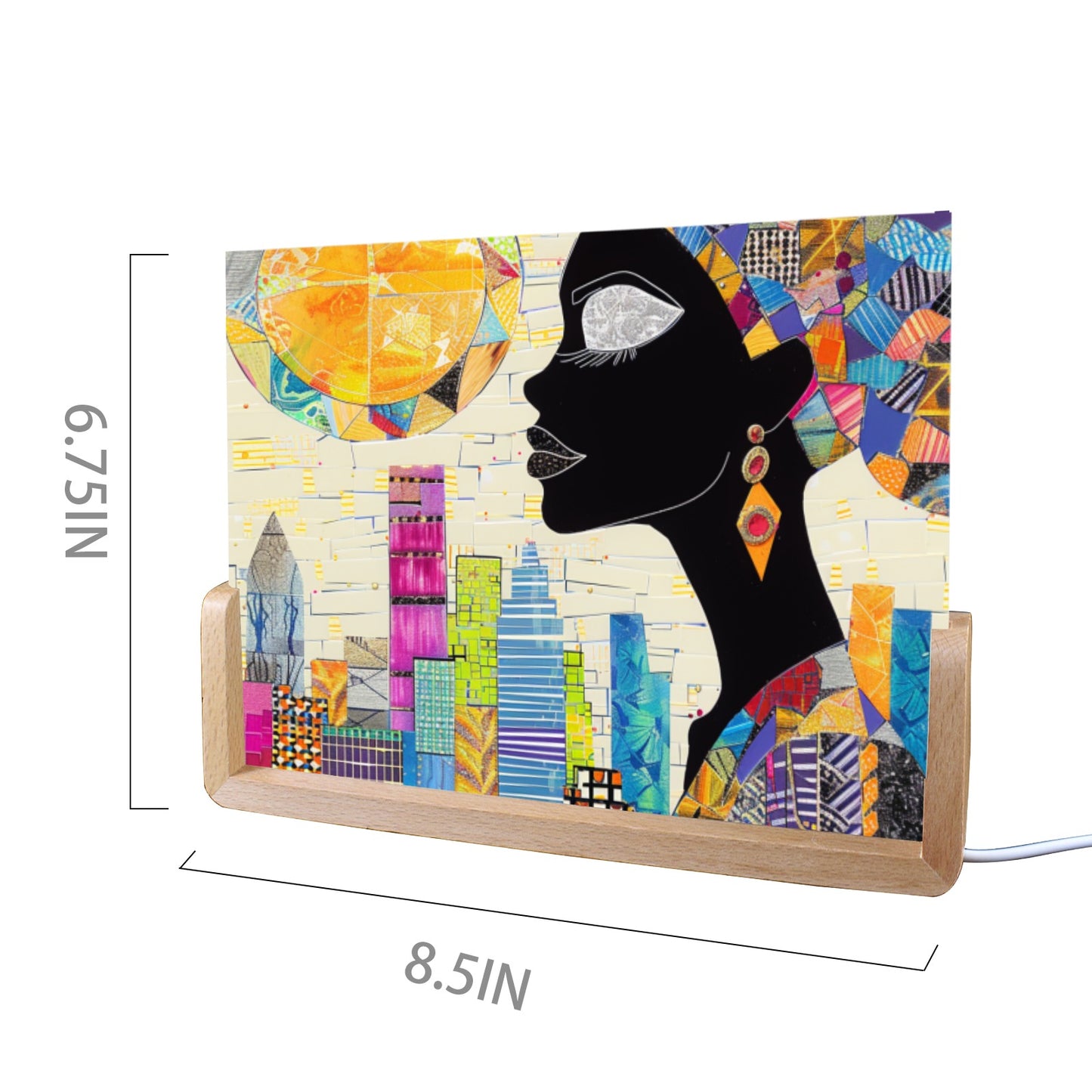 Acrylic Photo Night Light  - Black Girl Art - Velvet's View - Urban Elegance - Illuminated in Color Collection - 8"x6"(U-Shaped Beech Base)