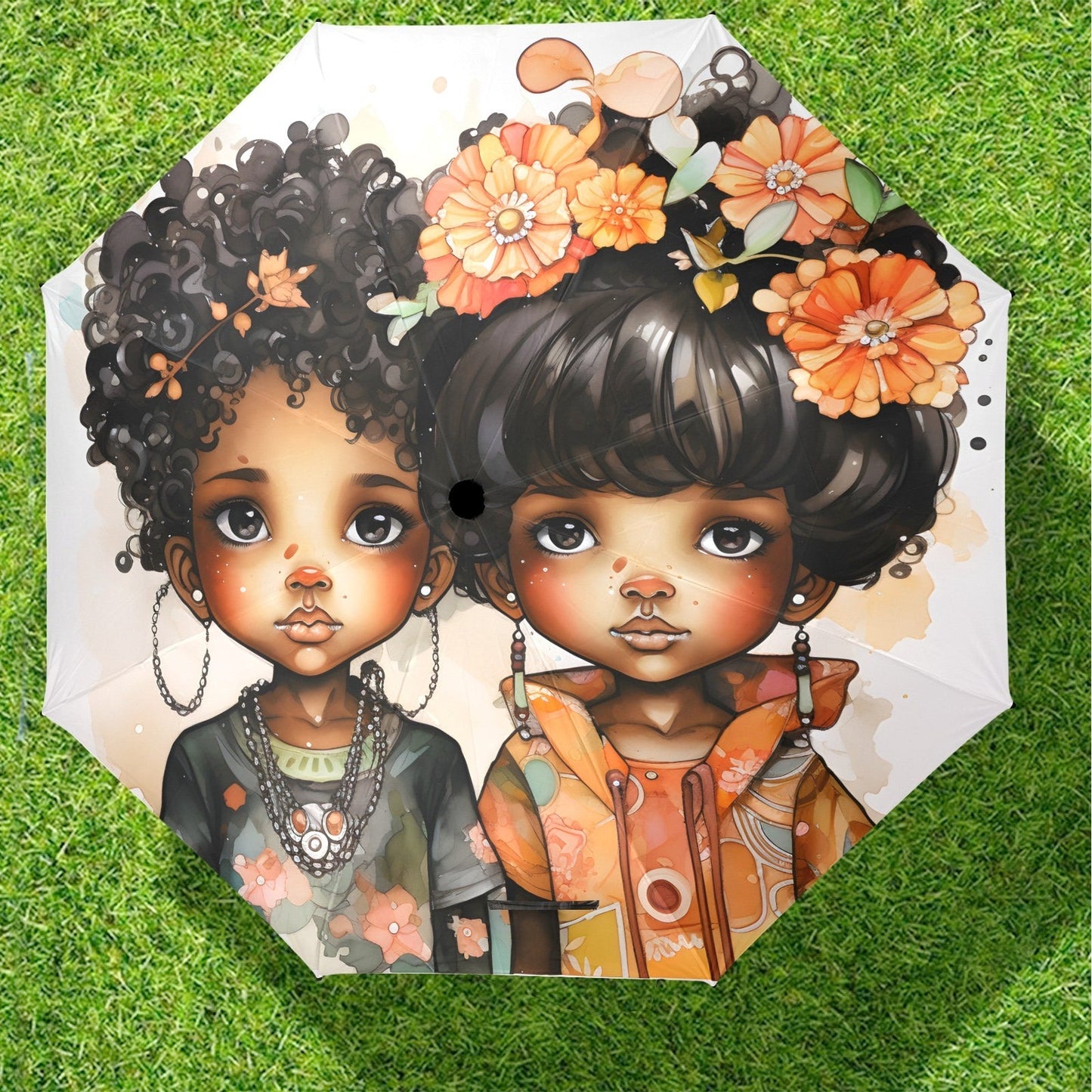 Semi-Automatic Foldable Umbrella - Black Girl Art - Velvet's View - Whimsical Kool Kids Collection - (Model U12)