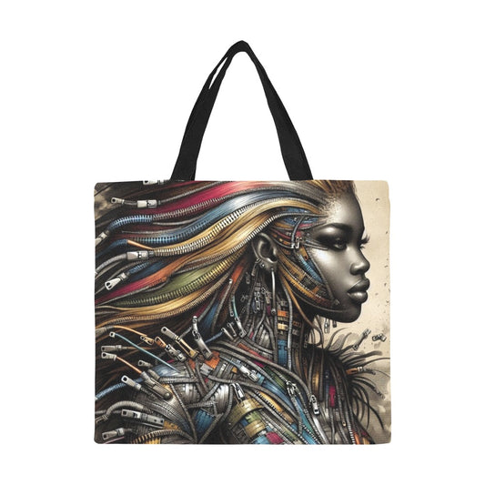 All Over Print Canvas Tote Bag/Large - Velvet's View - Mechanical Muse - The Fusion of Fashion and Futurism - (Model 1699)