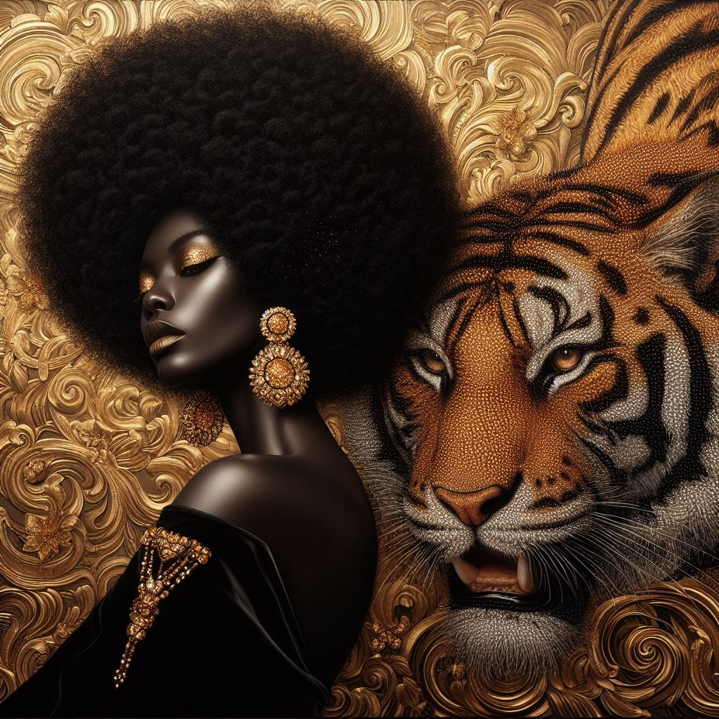 Digital Art - Ethereal Unity: The Afro Queen and Her Feline Sovereign - #2016