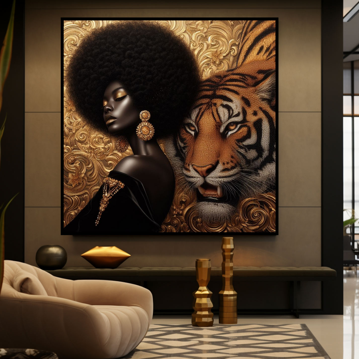 Digital Art - Ethereal Unity: The Afro Queen and Her Feline Sovereign - #2016
