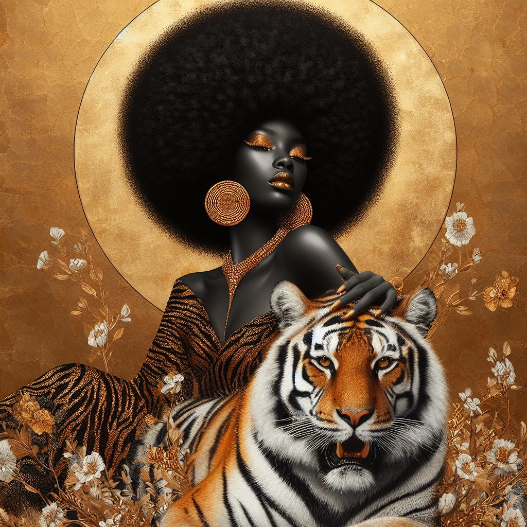 Digital Art - Ethereal Unity: The Afro Queen and Her Feline Sovereign - #2017