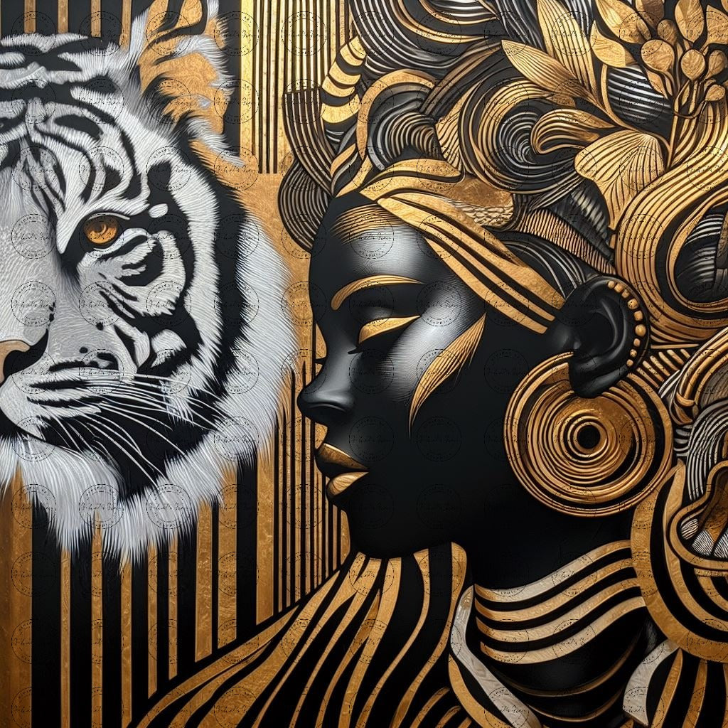 Digital Art - Ethereal Unity: The Afro Queen and Her Feline Sovereign - #2018