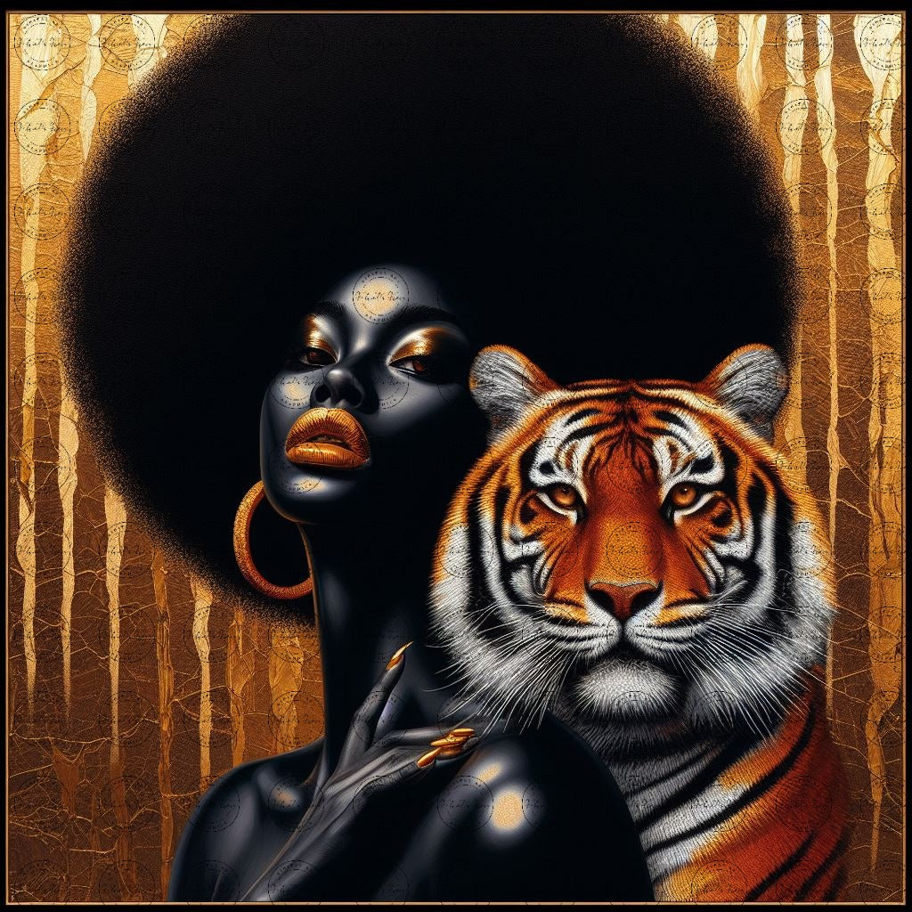 Digital Art - Ethereal Unity: The Afro Queen and Her Feline Sovereign - #2019