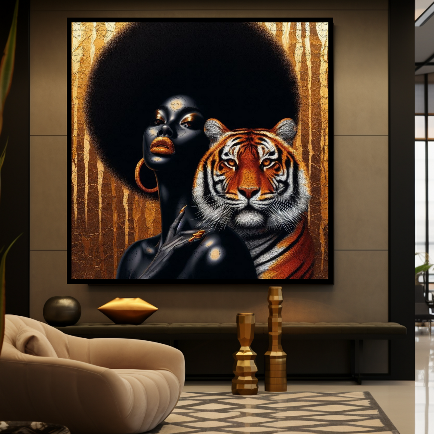 Digital Art - Ethereal Unity: The Afro Queen and Her Feline Sovereign - #2019