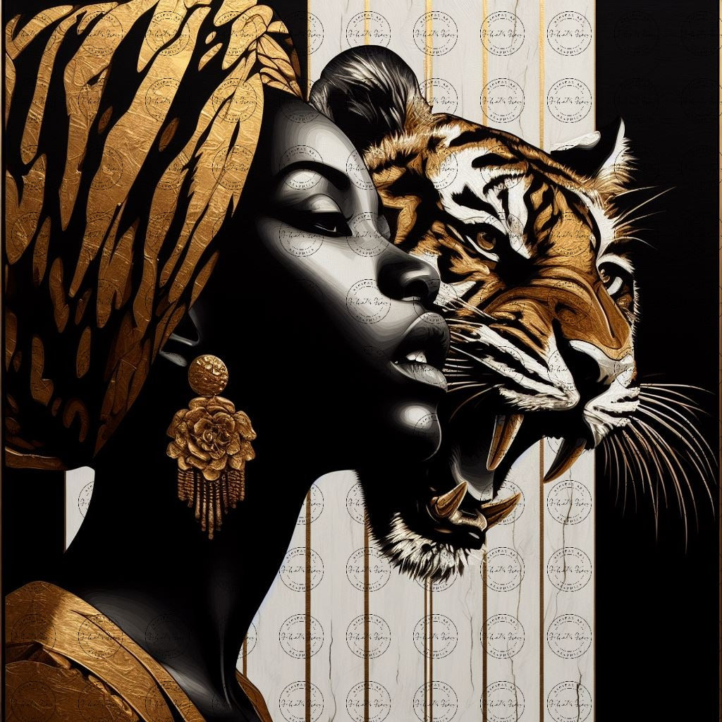 Digital Art - Ethereal Unity: The Afro Queen and Her Feline Sovereign - #2021