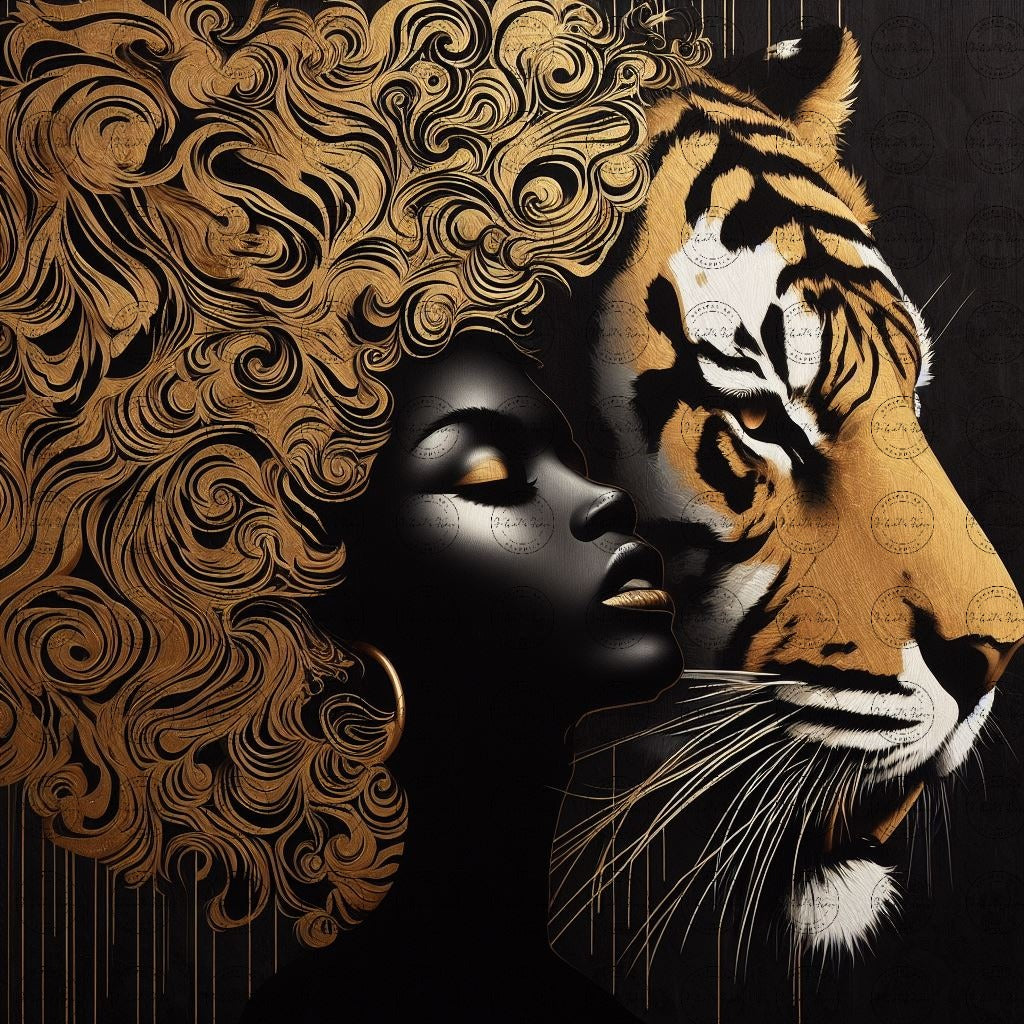 Digital Art - Ethereal Unity: The Afro Queen and Her Feline Sovereign - #2022