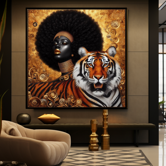 Digital Art - Ethereal Unity: The Afro Queen and Her Feline Sovereign - #2012