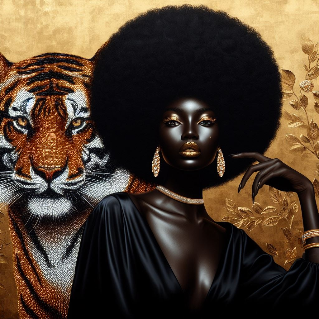 Digital Art - Ethereal Unity: The Afro Queen and Her Feline Sovereign - #2014