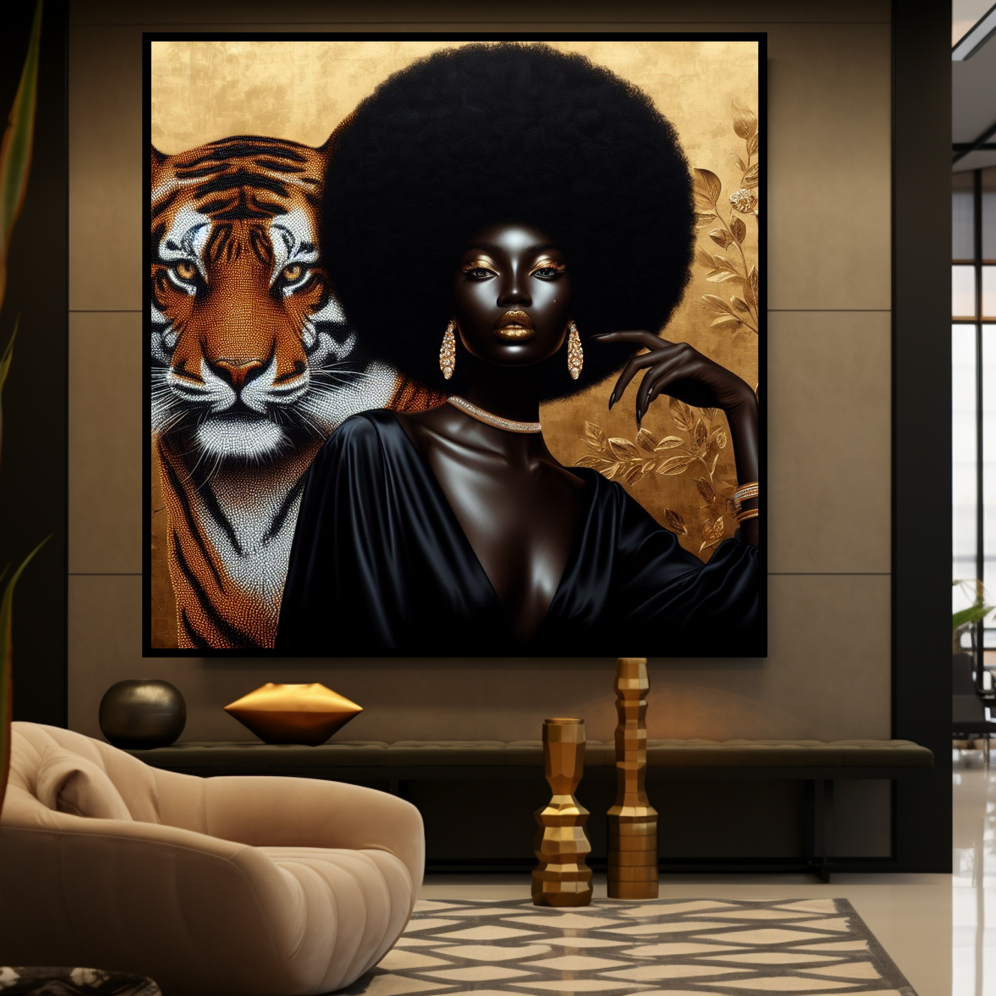 Digital Art - Ethereal Unity: The Afro Queen and Her Feline Sovereign - #2014