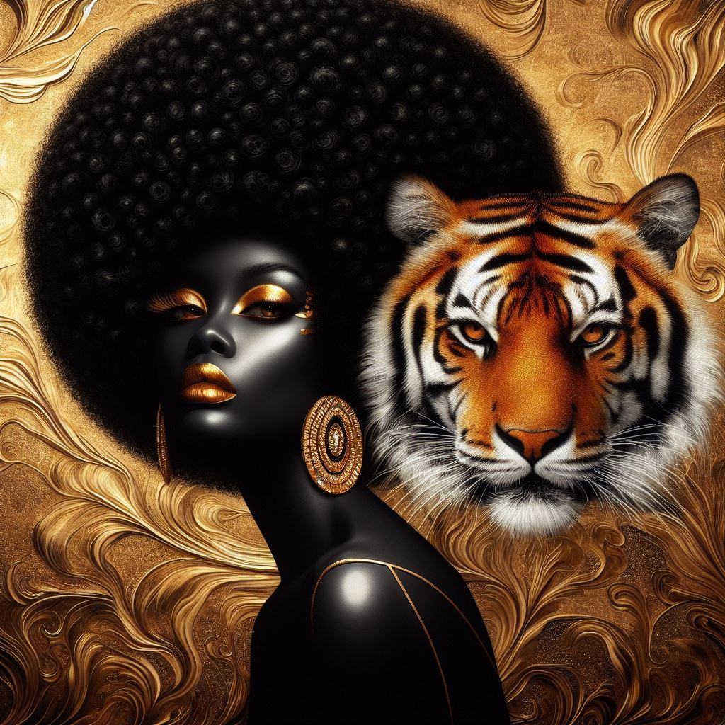 Digital Art - Ethereal Unity: The Afro Queen and Her Feline Sovereign - #2015