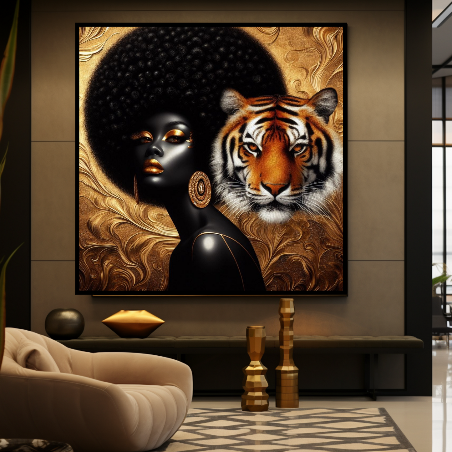 Digital Art - Ethereal Unity: The Afro Queen and Her Feline Sovereign - #2015