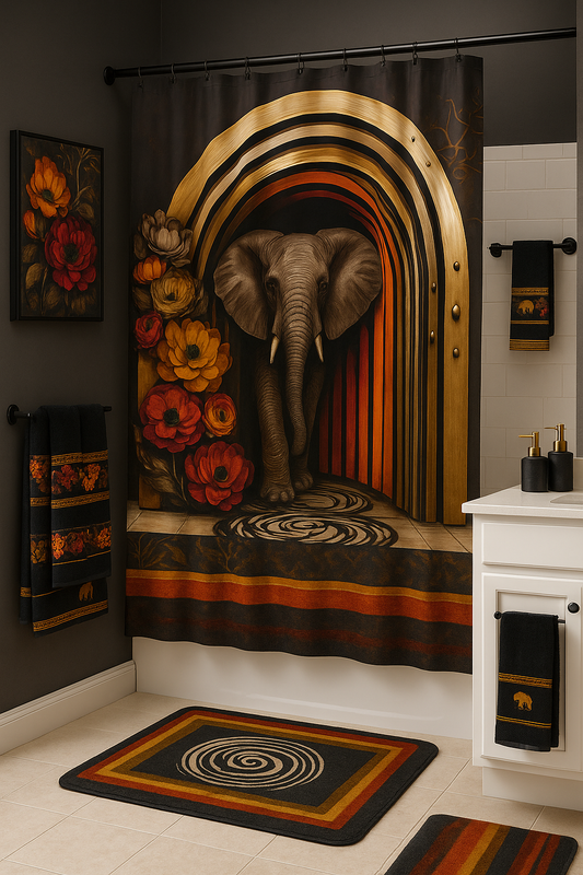 Elephant Art Shower Curtain & Bathroom Decor Set – Bold African Inspired Wildlife, Floral Jungle Theme, Elegant Boho Bathroom Accessories - Shower Curtain 72"x84" - 1474441HJ