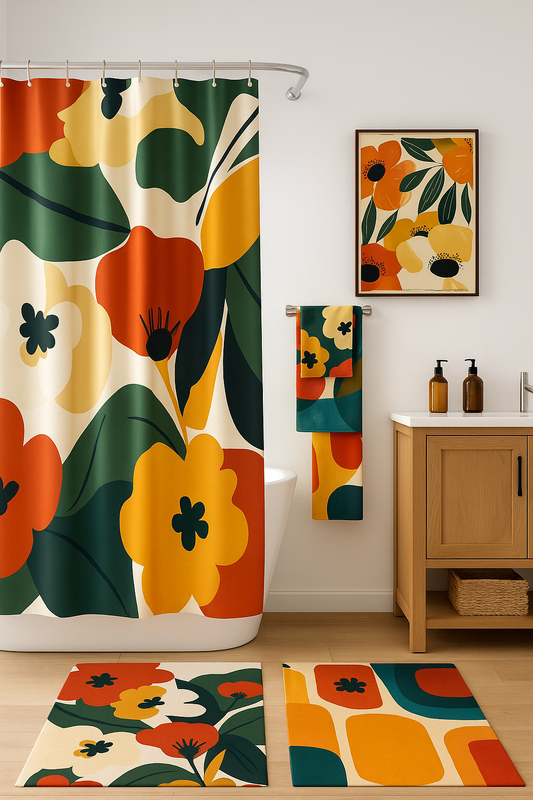 Retro Floral Bathroom Decor Set | Boho Abstract Shower Curtain, Towels & Wall Art | Mid Century Modern Bath Mat | Earth Tone Bathroom Collection - Shower Curtain 72"x84" - D963265