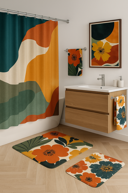 Retro Floral Bathroom Decor Set | Boho Abstract Shower Curtain, Towels & Wall Art | Mid Century Modern Bath Mat | Earth Tone Bathroom Collection - Shower Curtain 72"x84"