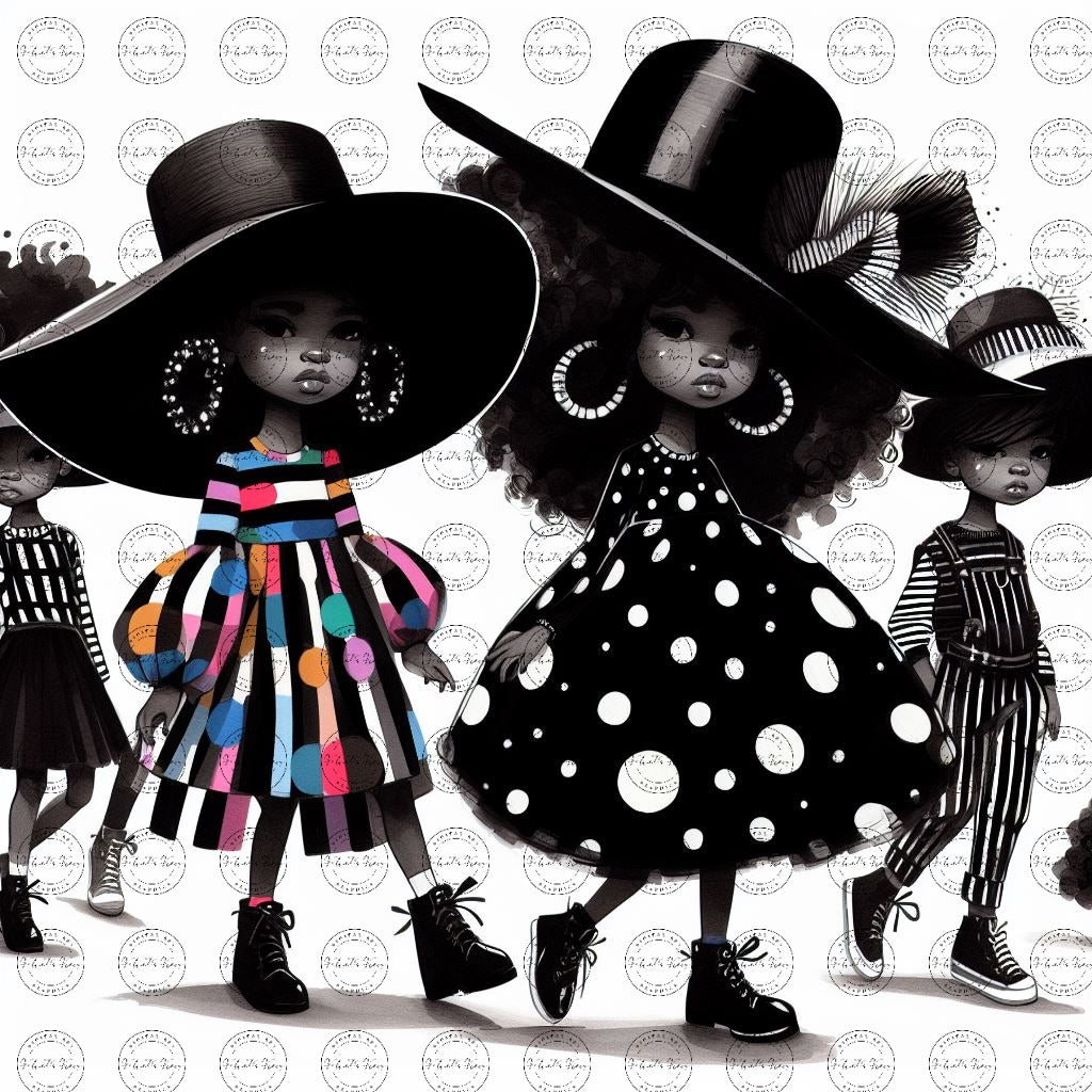 Black Girl Art - Kids Digital Art - Velvet's View - Kool Aid Cuties Collection: A Monochrome Tapestry of Childhood Joys 420