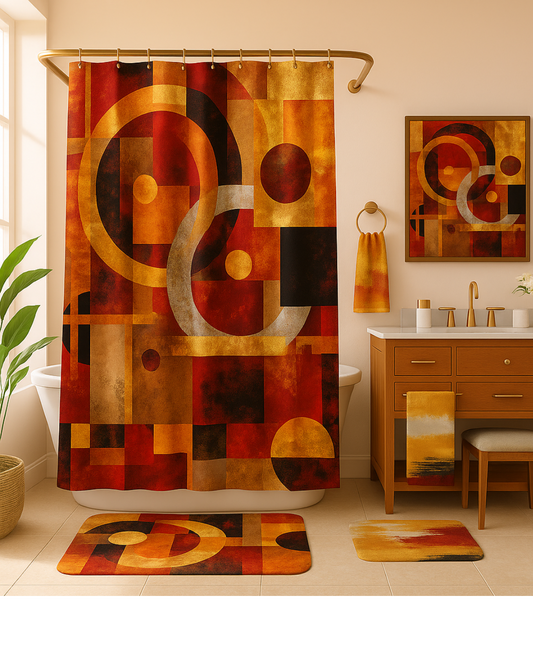 Modern Geometric Bathroom Set | Gold & Red Abstract Shower Curtain | Bold Afro-Inspired Bath Decor - Shower Curtain 72"x84" - J231459