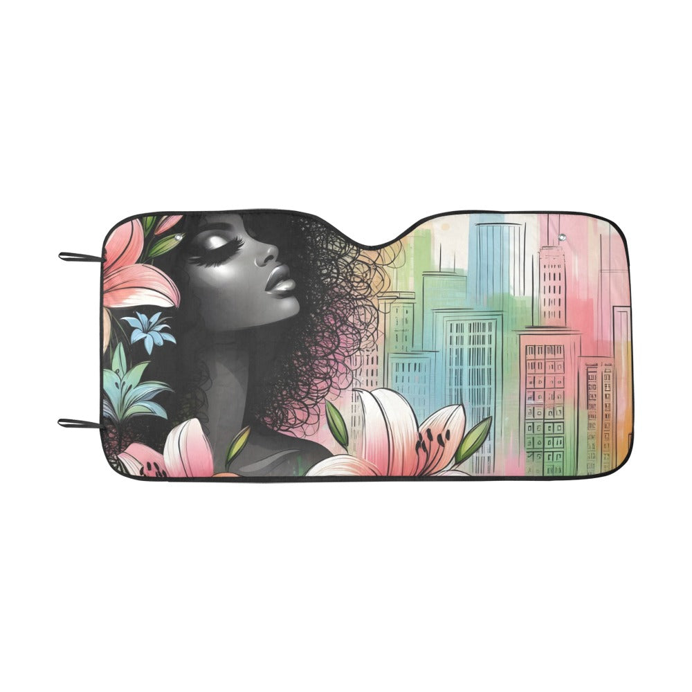 Urban Blossoms: Vibrant Cityscapes and Floral Dreams – Collection - Car Sunshade 55"x30" - #2013