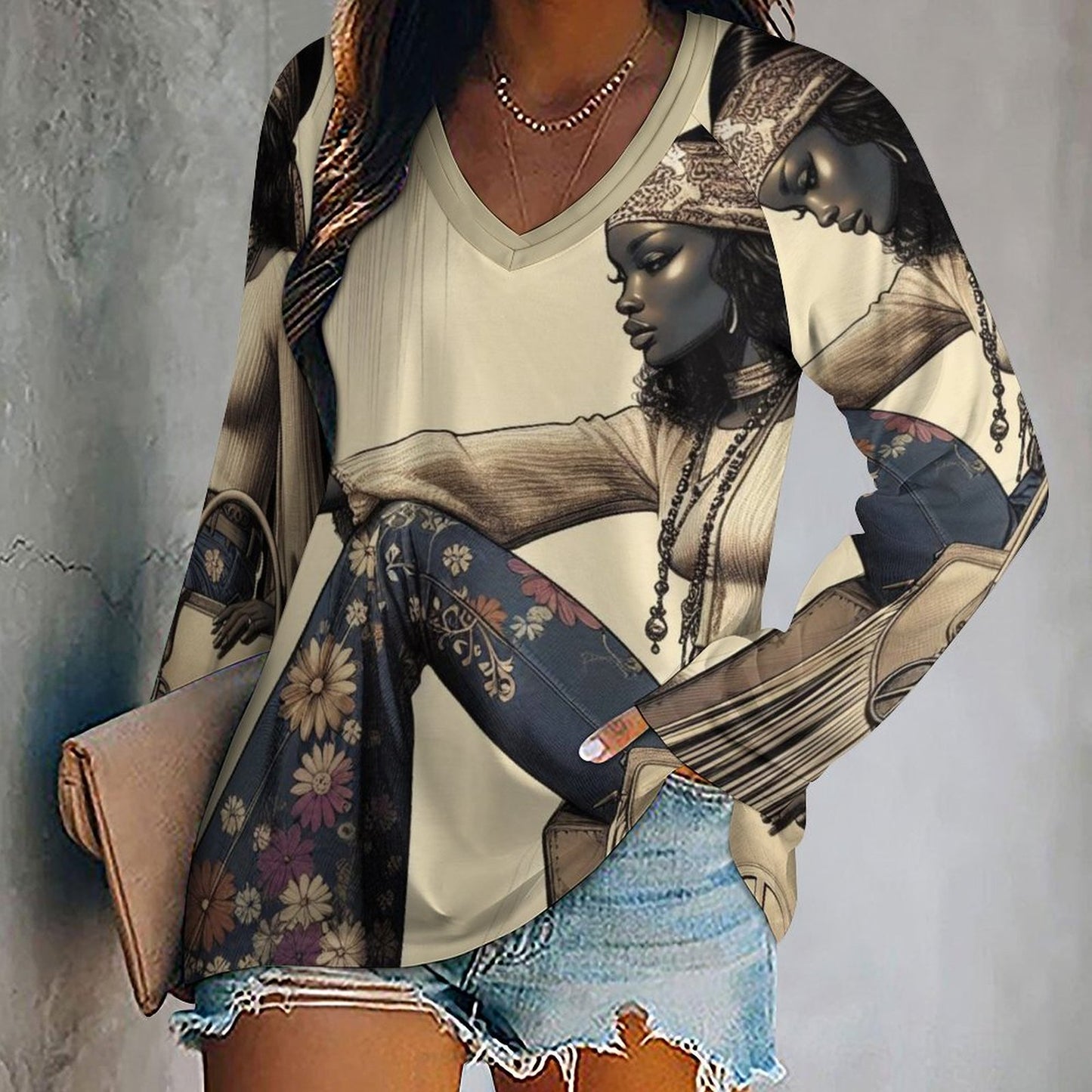 Retro Groove: Vintage Vibes and Bohemian Dreams - V-neck Loose Long Sleeve T-shirt TLREV2 (All-Over Printing)
