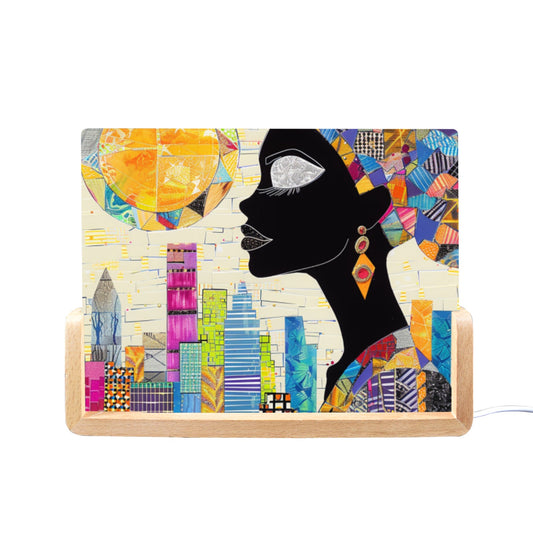 Acrylic Photo Night Light  - Black Girl Art - Velvet's View - Urban Elegance - Illuminated in Color Collection - 8"x6"(U-Shaped Beech Base)