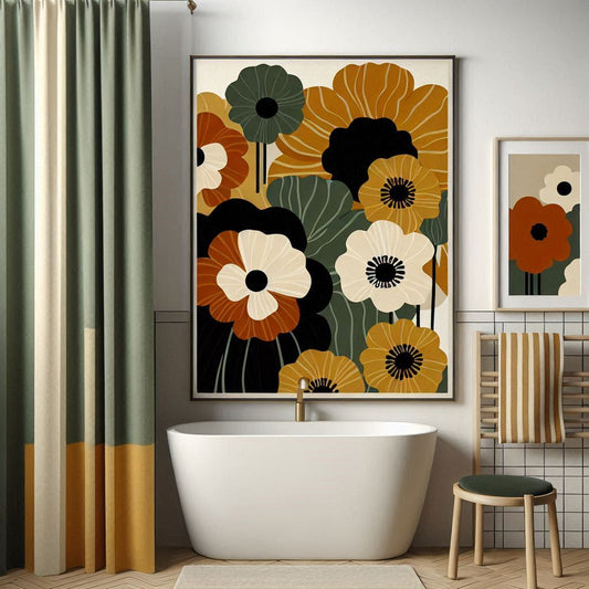 Retro Floral Bathroom Decor Set | Boho Abstract Shower Curtain, Towels & Wall Art | Mid Century Modern Bath Mat | Earth Tone Bathroom Collection -  Shower Curtain 72"x84"