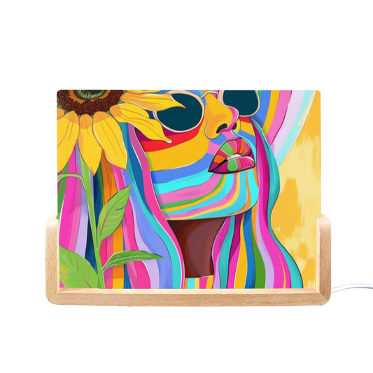 Acrylic Photo Night Light - Velvet's View - Sunflower Dreams - A Vibrant Digital Art Collection - 8"x6"(U-Shaped Beech Base)
