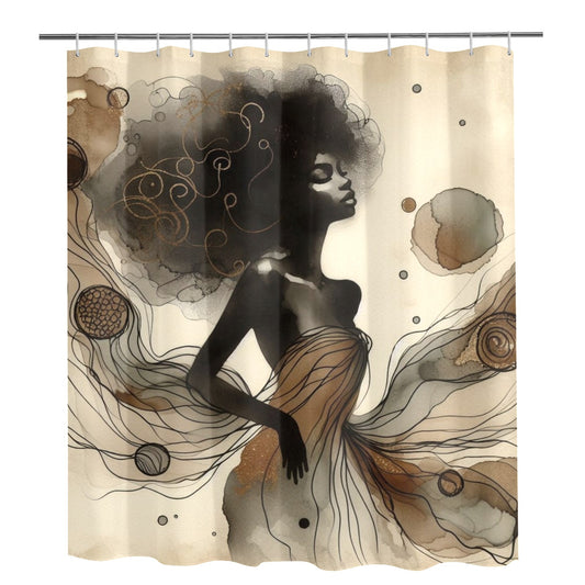 Golden Grace: Afro Silhouette Shower Curtain Collection – Luxury Black Woman Art for Modern Bathrooms - 4902447