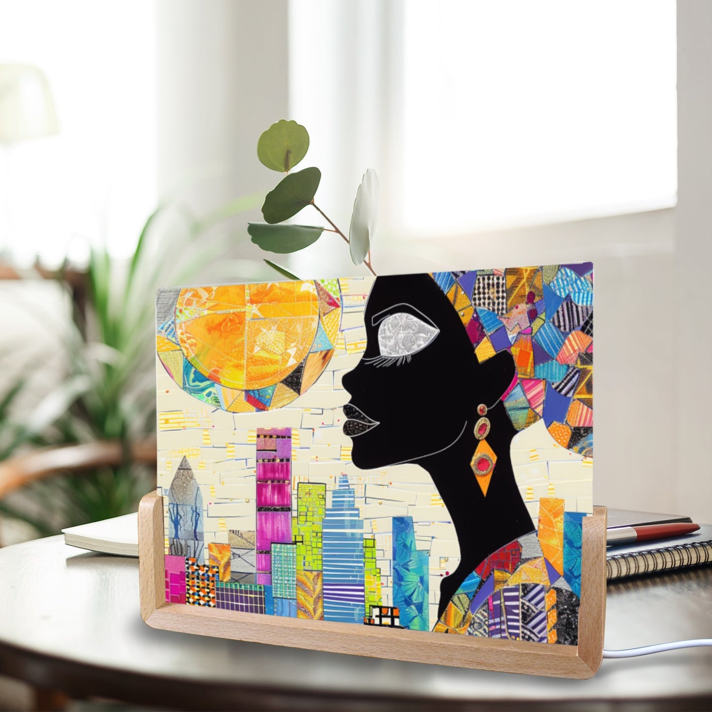 Acrylic Photo Night Light  - Black Girl Art - Velvet's View - Urban Elegance - Illuminated in Color Collection - 8"x6"(U-Shaped Beech Base)