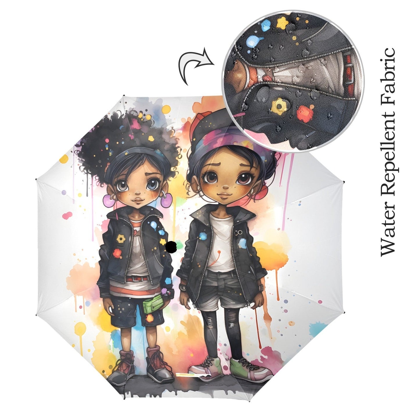 Semi-Automatic Foldable Umbrella - Black Girl Art - Velvet's View - Whimsical Kool Kids Collection - (Model U12)