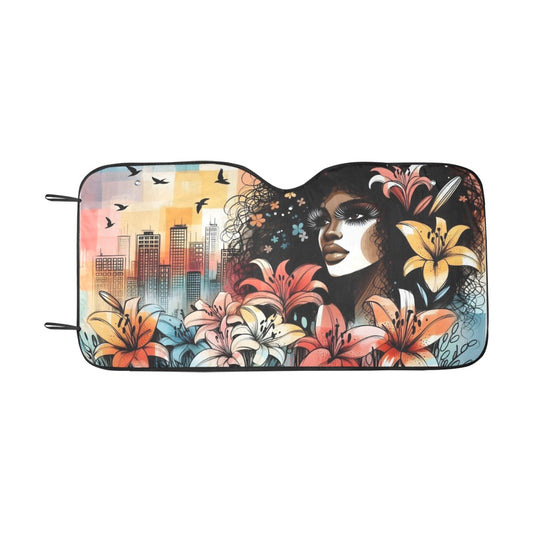 Urban Blossoms: Vibrant Cityscapes and Floral Dreams – Collection - Car Sunshade 55"x30" - #2014