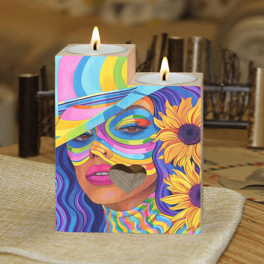 Wooden Candle Holder - Velvet's View - Sunflower Dreams - A Vibrant Digital Art Collection - (Without Candle)