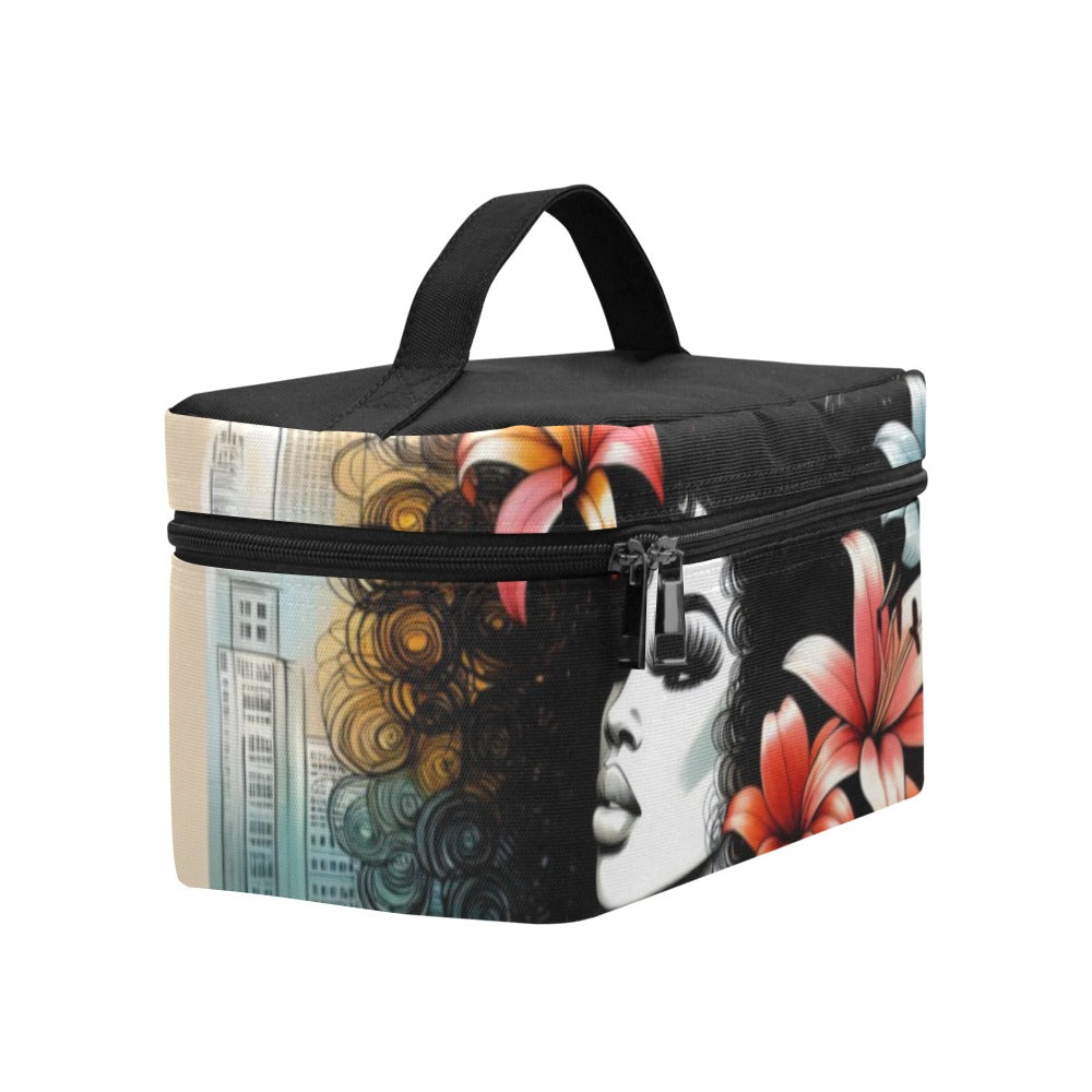 Cosmetic Bag/Large - Velvet's View - Urban Blossoms - Vibrant Cityscapes and Floral Dreams Collection - (Model 1658)