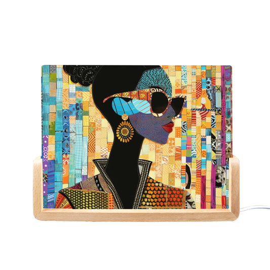 Acrylic Photo Night Light  - Black Girl Art - Velvet's View - Urban Elegance - Illuminated in Color Collection - 8"x6"(U-Shaped Beech Base)