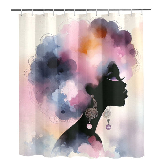 Afro Watercolor Shower Curtain Collection – Black Woman Silhouette Art for Bathroom Décor - 3454641