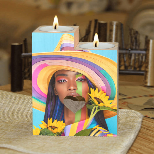 Wooden Candle Holder - Velvet's View - Sunflower Dreams - A Vibrant Digital Art Collection - (Without Candle)