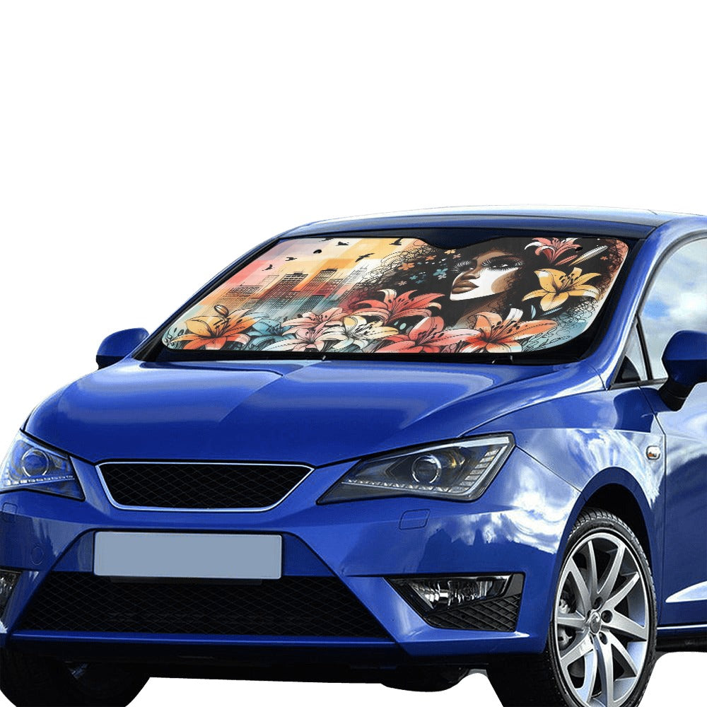 Urban Blossoms: Vibrant Cityscapes and Floral Dreams – Collection - Car Sunshade 55"x30" - #2014