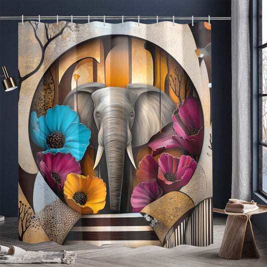 Elephant Art Shower Curtain & Bathroom Decor Set – Bold African Inspired Wildlife, Floral Jungle Theme, Elegant Boho Bathroom Accessories - Shower Curtain 72"x84" - C45827