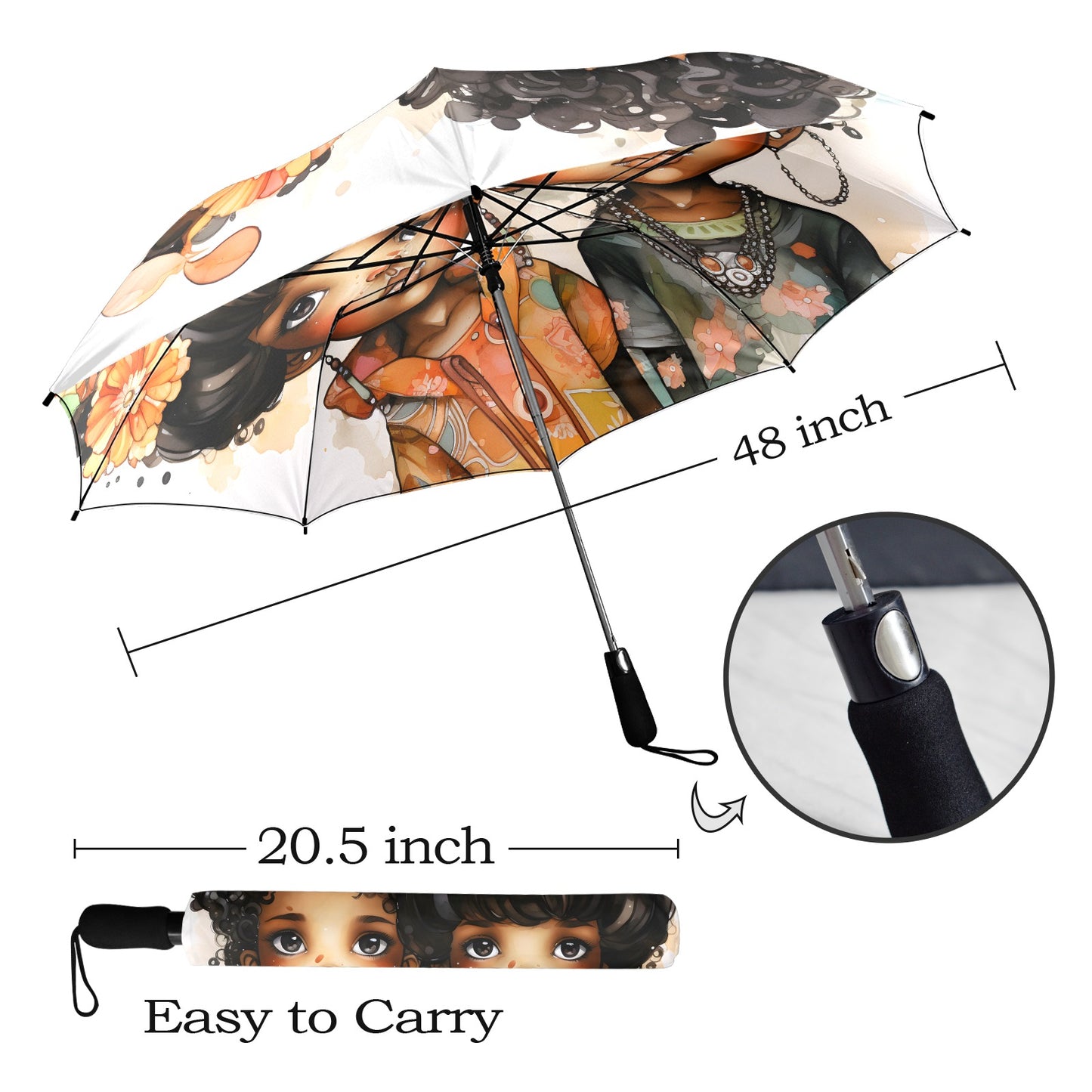 Semi-Automatic Foldable Umbrella - Black Girl Art - Velvet's View - Whimsical Kool Kids Collection - (Model U12)