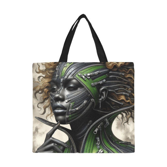 All Over Print Canvas Tote Bag/Large - Velvet's View - Mechanical Muse - The Fusion of Fashion and Futurism - (Model 1699)