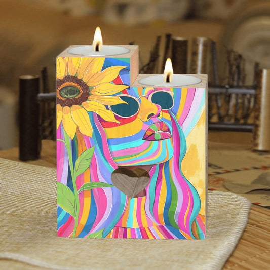 Wooden Candle Holder - Velvet's View - Sunflower Dreams - A Vibrant Digital Art Collection - (Without Candle)