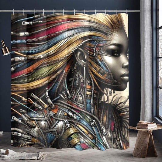Shower Curtain  - Velvet's View - Mechanical Muse - The Fusion of Fashion and Futurism - 72"x84" 1605
