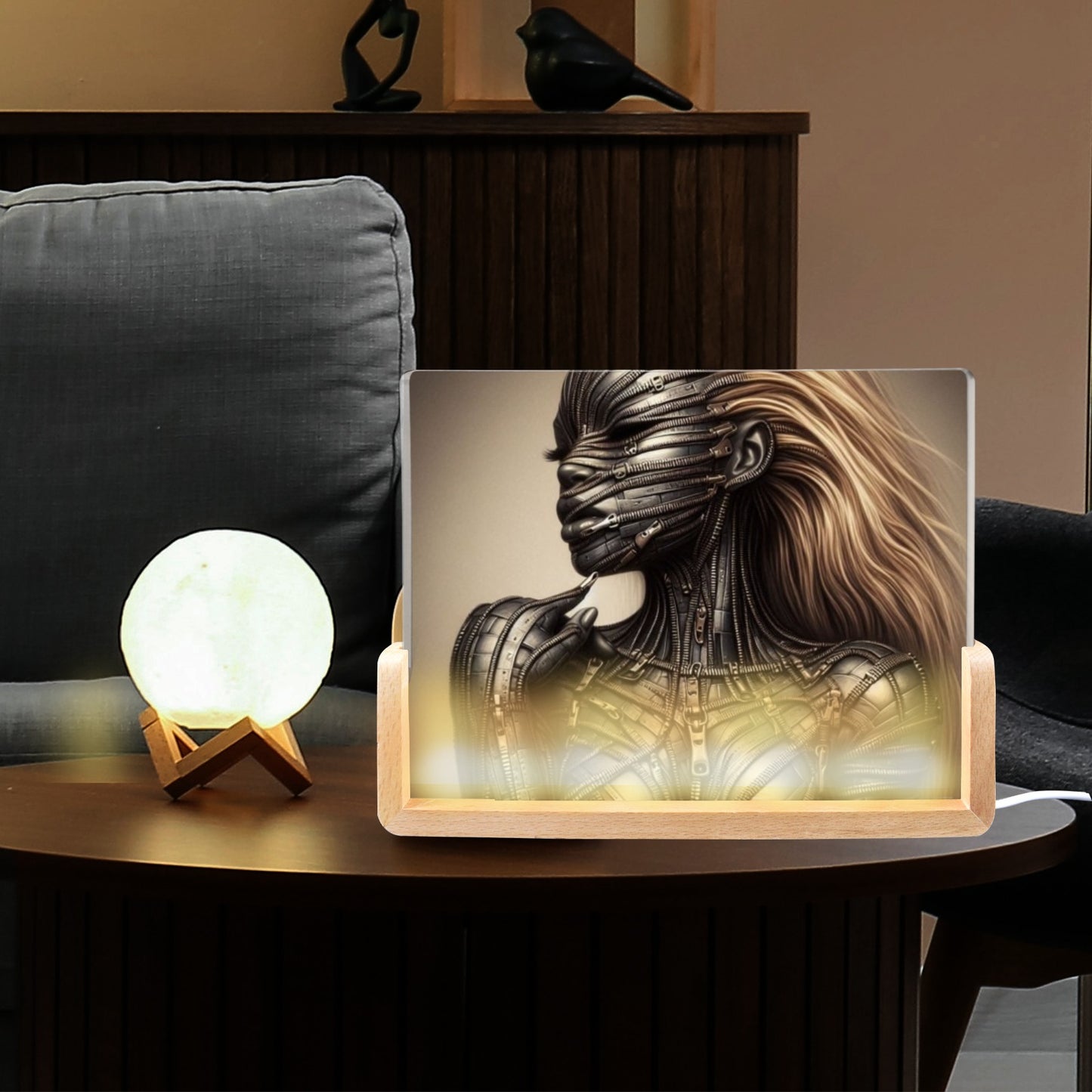 Acrylic Photo Night Light - Velvet's View - Mechanical Muse - The Fusion of Fashion and Futurism Collection - 8"x6"(U-Shaped Beech Base)