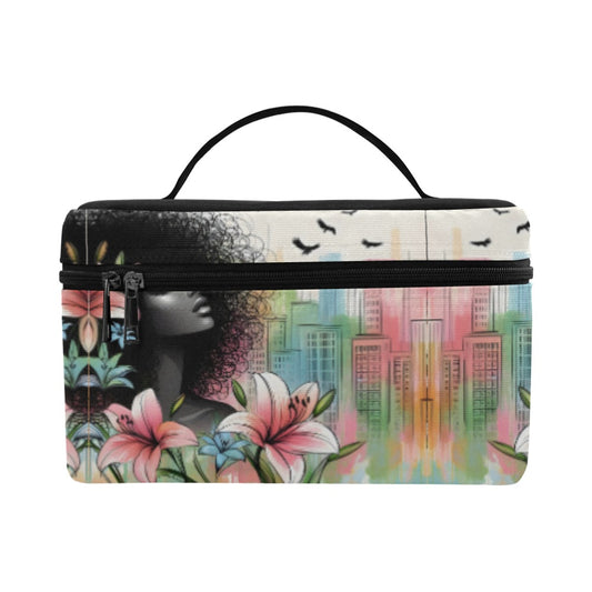Cosmetic Bag/Large - Velvet's View - Urban Blossoms - Vibrant Cityscapes and Floral Dreams Collection - (Model 1658)