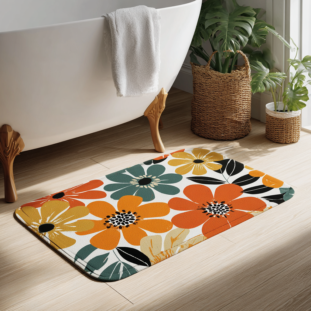 Retro Floral Bathroom Decor Set | Boho Abstract Shower Curtain, Towels & Wall Art | Mid Century Modern Bath Mat | Earth Tone Bathroom Collection - Square Towel 13“x13”